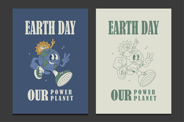 Wall Mural - Earth Day poster with cute cartoon characters of the earth and the sun, vector illustration