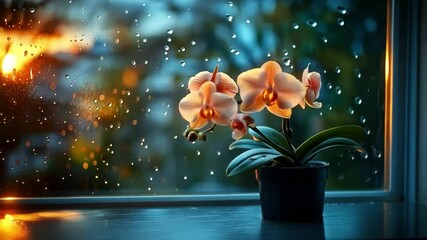 Poster - A serene kitchen scene featuring a beautifully blooming orchid in a pot, illuminated by the warm glow of sunset. Raindrops adorn the window, enhancing the cozy atmosphere at dusk.