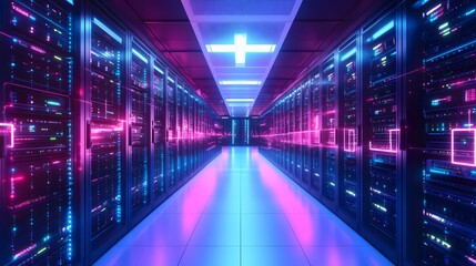 Poster - Neon Lit Server Room Data Center Corridor