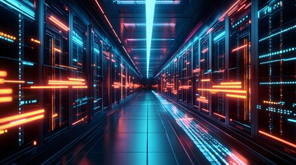Poster - Neon Lit Server Room Corridor Displays Data Flow