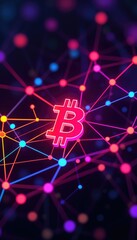 Poster - Neon Bitcoin symbol in vibrant digital network