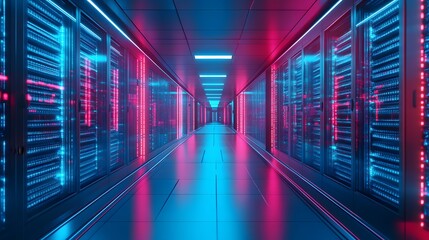 Poster - Neon Lit Server Room Corridor Data Center