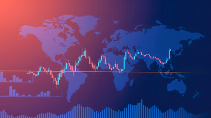 Aufkleber - Global market trends visualized on world map with candlestick charts showing fluctuations and patterns in financial data