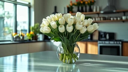 Poster - Bouquet of white tulips in a clear vase brightens a contemporary kitchen. This spring display adds warmth and charm to the space, inviting a sense of comfort and renewal in the home.