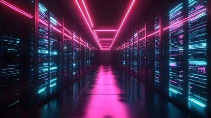 Poster - Neon Lit Server Room Corridor Data Center