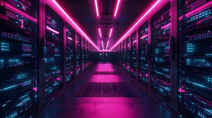 Poster - Neon Lit Server Room Corridor Shows Data Center Technology