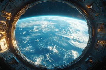 Wall Mural - View of Earth from a spacecraft window showcasing the vastness of space and the planet's blue surface