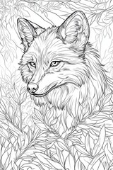 Wall Mural - A detailed pencil drawing showcases a fox with expressive eyes surrounded by intricate leaves, capturing the essence of nature and wildlife artistry