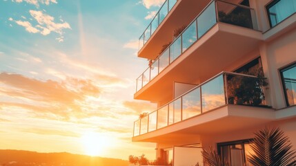 Canvas Print - A serene sunset casts vibrant colors over a building with balconies, offering stunning views of the ocean's horizon.