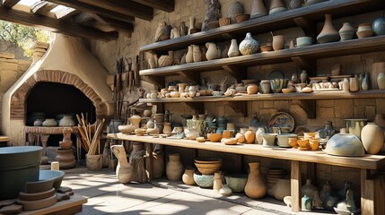 Wall Mural - A ceramics workshop with shelves of unglazed pottery and a kiln in the background