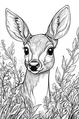 Wall Mural - A young deer looks curiously from behind foliage, surrounded by detailed plants and leaves, showcasing the beauty of a peaceful woodland habitat