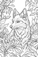 Wall Mural - A fox is depicted amidst intricate leaves, showcasing its elegant features and alert expression, highlighting the beauty of wildlife in nature