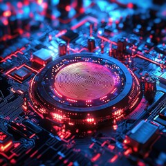 Poster - Payment processing with a glowing fingerprint scanner in a high-tech environment close-up perspective on digital technology