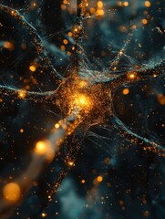 Poster - Glowing neuron map visualizing brain activity in science research digital art abstract environment close-up view