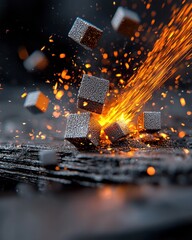 Poster - Dynamic vortex of glowing cubes abstract setting 3d visualization vibrant environment close-up view digital art concept
