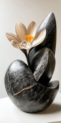 Stone Crocus flower in vase, premium floral wallpaper, black and pink marble texture, abstract sculpture