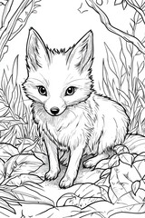 Wall Mural - A small fox with fluffy fur sits quietly in a lush greenery setting, surrounded by leaves and plants, showcasing its playful yet serene demeanor