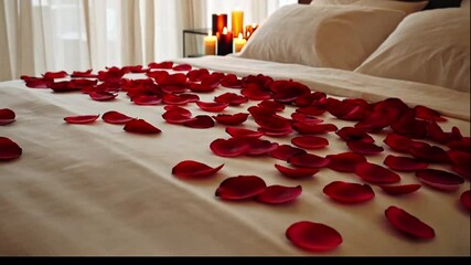 Poster - A cozy bedroom showcases a bed adorned with vibrant red rose petals scattered across white linens. Soft candlelight creates an intimate atmosphere, perfect for a romantic evening or special occasion.