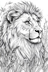 Wall Mural - A lion is positioned gracefully amidst tall grass and wildflowers, showcasing its powerful build and distinct mane, capturing the essence of wild nature