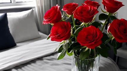 Poster - A vibrant bouquet of red roses is elegantly arranged in a clear vase, placed on a plush bed in a cozy bedroom. Natural light filters through the window, enhancing the warm atmosphere.