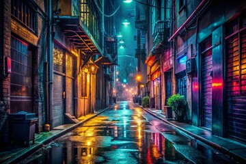 Naklejka na meble Dark Alleyway Night Cityscape, Low Light Urban Photography, Mysterious Street Scene