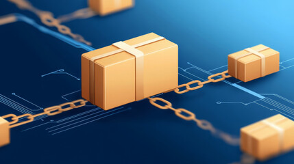 Poster - Illustration of blockchain technology with packages connected by chains, symbolizing secure transactions and logistics. This visual represents modern supply chain solutions
