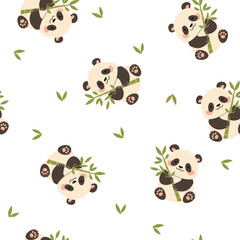 Wall Mural - Seamless vector pattern in a simple childish style. Cute panda holding bamboo branch on white background. Vector illustration