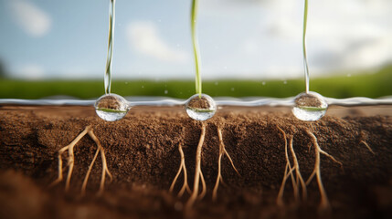 Wall Mural - Water droplets on soil with roots growing beneath, showcasing nature beauty and vital connection between water and plant life