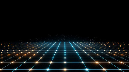 Poster - high tech visualization of floating particles on grid, creating futuristic atmosphere. glowing blue and orange lights enhance digital aesthetic, evoking sense of depth and motion