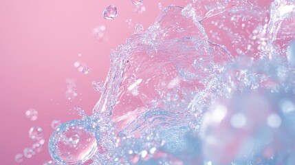 Wall Mural - Water droplets create dynamic splashes on a vibrant pink surface, forming bubbles that enhance the visual appeal and energy of the scene.