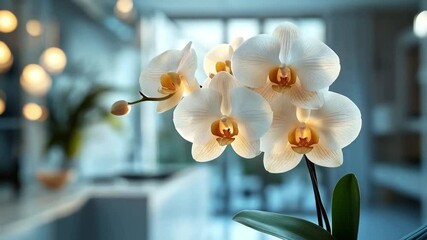 Poster - Beautiful white orchids gracefully highlight a contemporary kitchen, showcasing comfort and tranquility. Soft lighting enhances the serene atmosphere, inviting relaxation and joy in a culinary space.