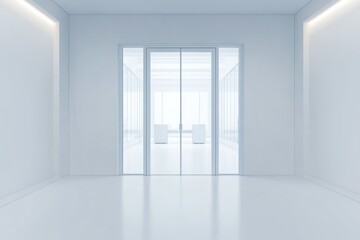  Minimalist white room with glass doors leading to an office.