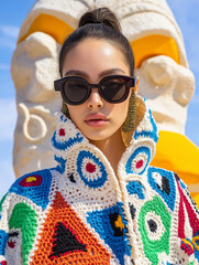 Wall Mural - A model in colorful knitwear with intricate geometric patterns paired with oversized sunglasses. A bold fusion of texture and color against a sunny outdoor backdrop.