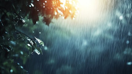 Poster - Tranquil Rainforest After Rain Serene Nature Background with Green Leaves Sunlight and Water Drops