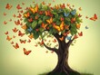 © The Art of AI - A swarm of butterflies flit around the heart-shaped tree with broad leaves and a sturdy trunk, insect, butterflies, outdoor setting