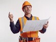 © Tatiana Nikulina - Thoughtful construction worker analyzing blueprints, professional attire with tools, confident expression on white background