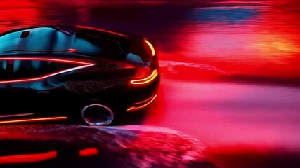 Poster - A sleek car accelerates down a city street, reflecting vibrant neon lights in the wet asphalt. The atmosphere is dynamic, showcasing a sense of speed and modern urban life under night skies.