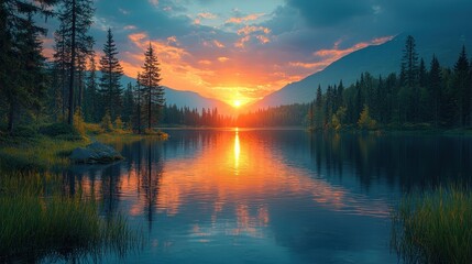 Wall Mural - Sunset over lake.