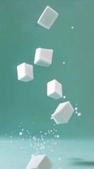 Aufkleber - White sugar cubes are falling and crumbling against a turquoise background, representing the concept of sugar reduction and a low sugar lifestyle