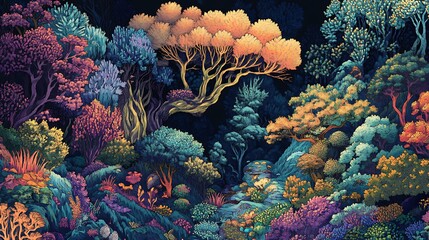 Wall Mural - Vibrant fantasy forest scene with colorful trees and plants