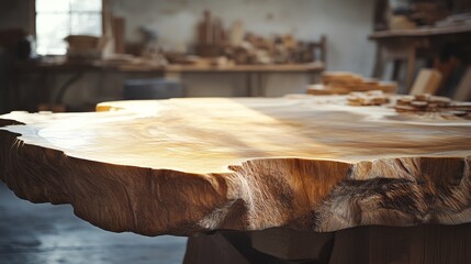 Polished Wooden Slab Table In A Workshop Setting