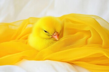 Adorable Yellow Chick Snuggled in Soft Cloth with Minimalistic Diffused Lighting and White Backdrop Capturing a Serene and Cozy Atmosphere