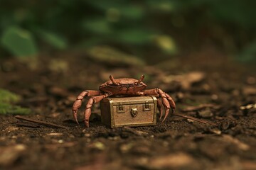 Aufkleber - A cute little crab wearing a shell shaped like a treasure chest.