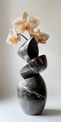 Wall Mural - Stone Orchid flower in vase, premium floral wallpaper, black and pink marble texture, abstract sculpture