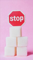 Aufkleber - Four sugar cubes stacked together on a pink background with a stop sign on top, symbolizing sugar reduction, a low sugar lifestyle, and the importance of limiting sugar intake for health reasons