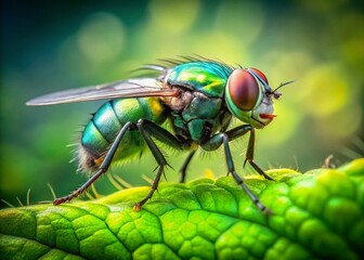 Wall Mural - Double Exposure Macro: Fly on Green Leaf - Nature Photography