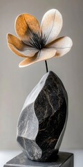 Wall Mural - Stone Primrose flower in vase, premium floral wallpaper, black and pink marble texture, abstract sculpture