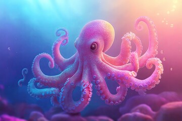 Poster - A playful baby octopus with multicolored tentacles waving in a bright underwater scene.