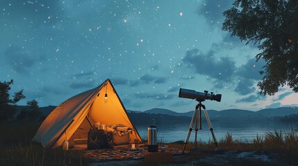 Wall Mural - a clean outdoor stargazing spot with a telescope and a thermos of tea