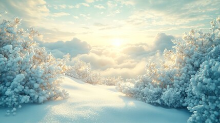 Snowy mountain landscape at sunrise.